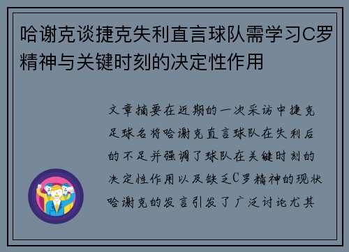 哈谢克谈捷克失利直言球队需学习C罗精神与关键时刻的决定性作用
