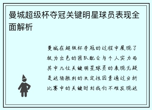 曼城超级杯夺冠关键明星球员表现全面解析