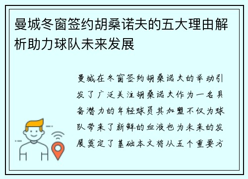 曼城冬窗签约胡桑诺夫的五大理由解析助力球队未来发展
