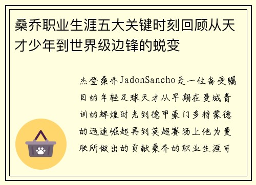 桑乔职业生涯五大关键时刻回顾从天才少年到世界级边锋的蜕变 桑乔职业生涯五大关键时刻回顾从天才少年到世界级边锋的蜕变